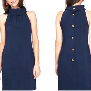 SAIL TO STABLE Womens Sleeveless Cowl Neck Dress with Embroidered Hem, Navy, 8